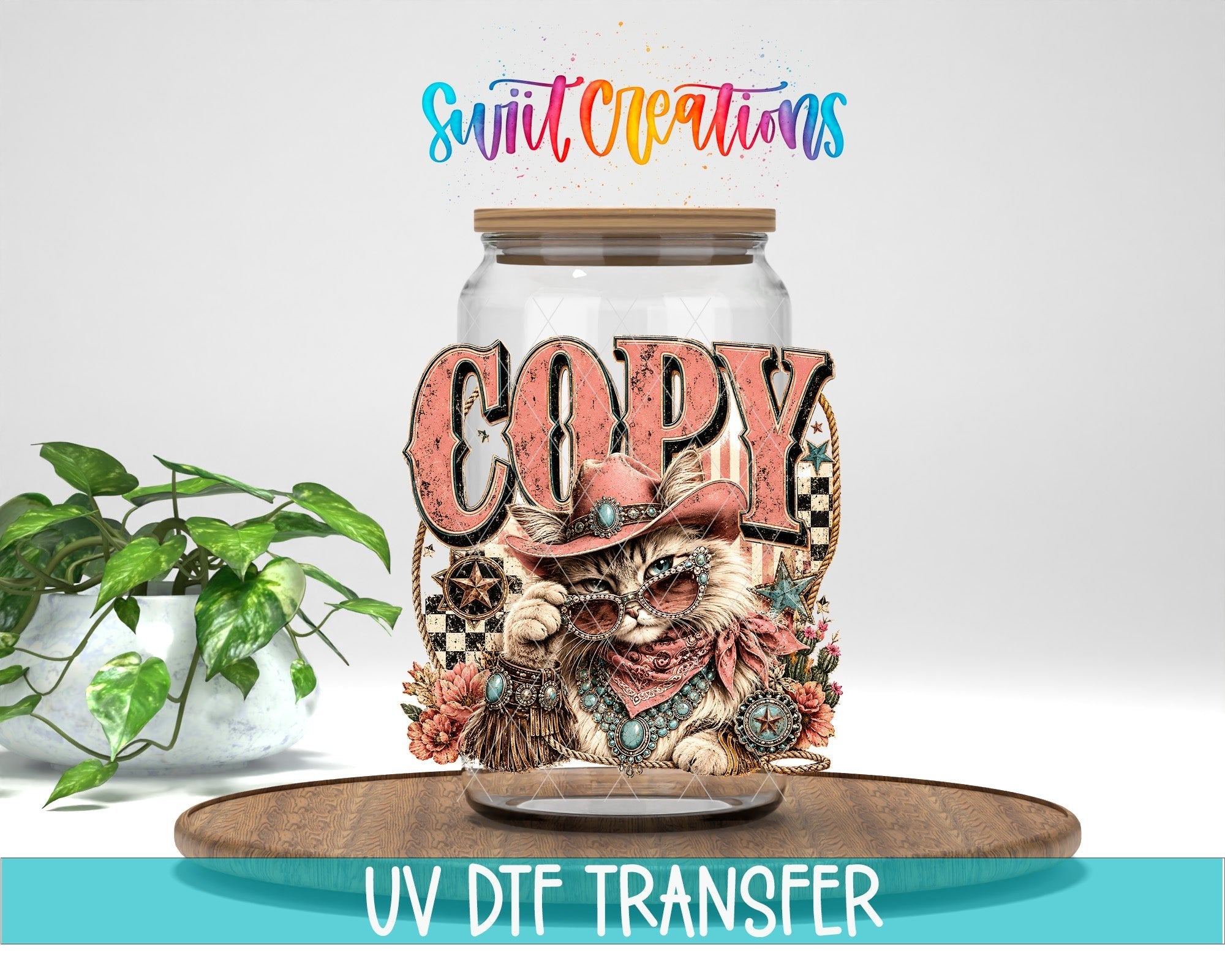 Copy Cat Western Glam Cat UV DTF Transfer | Retro Cowgirl Cat Drinkware Design | UV2086 - Swiit Creations