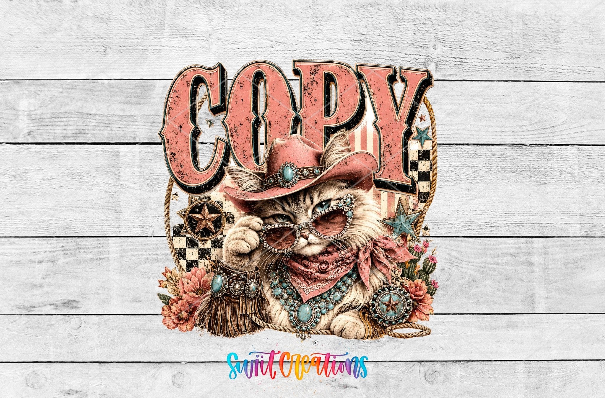 Copy Cat Western Glam Cat UV DTF Transfer | Retro Cowgirl Cat Drinkware Design | UV2086 - Swiit Creations