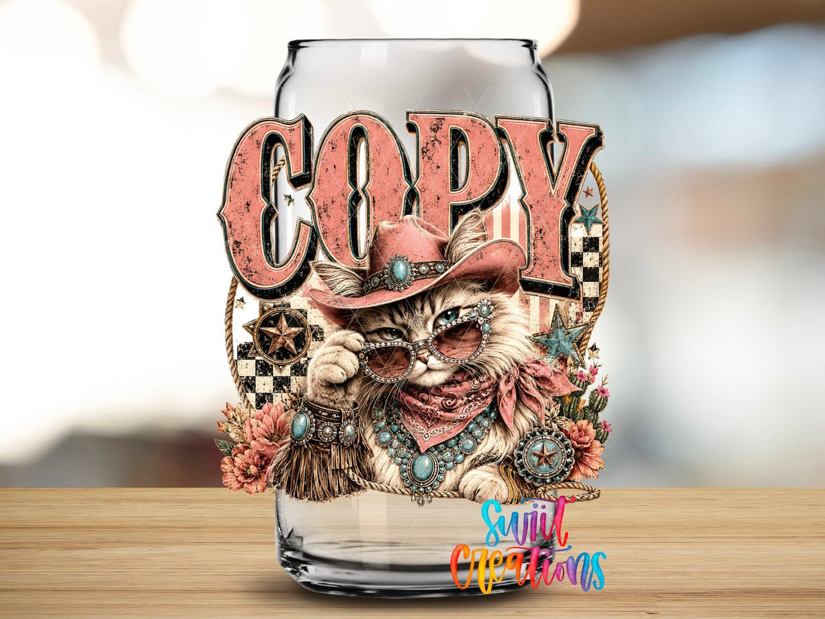 Copy Cat Western Glam Cat UV DTF transfer applied to a clear glass can from Swiit Creations