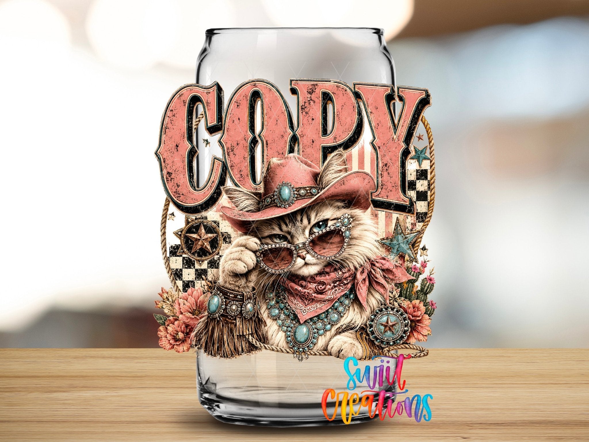 Copy Cat Western Glam Cat UV DTF Transfer | Retro Cowgirl Cat Drinkware Design | UV2086 - Swiit Creations