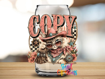 Copy Cat Western Glam Cat UV DTF transfer applied to a clear glass can from Swiit Creations