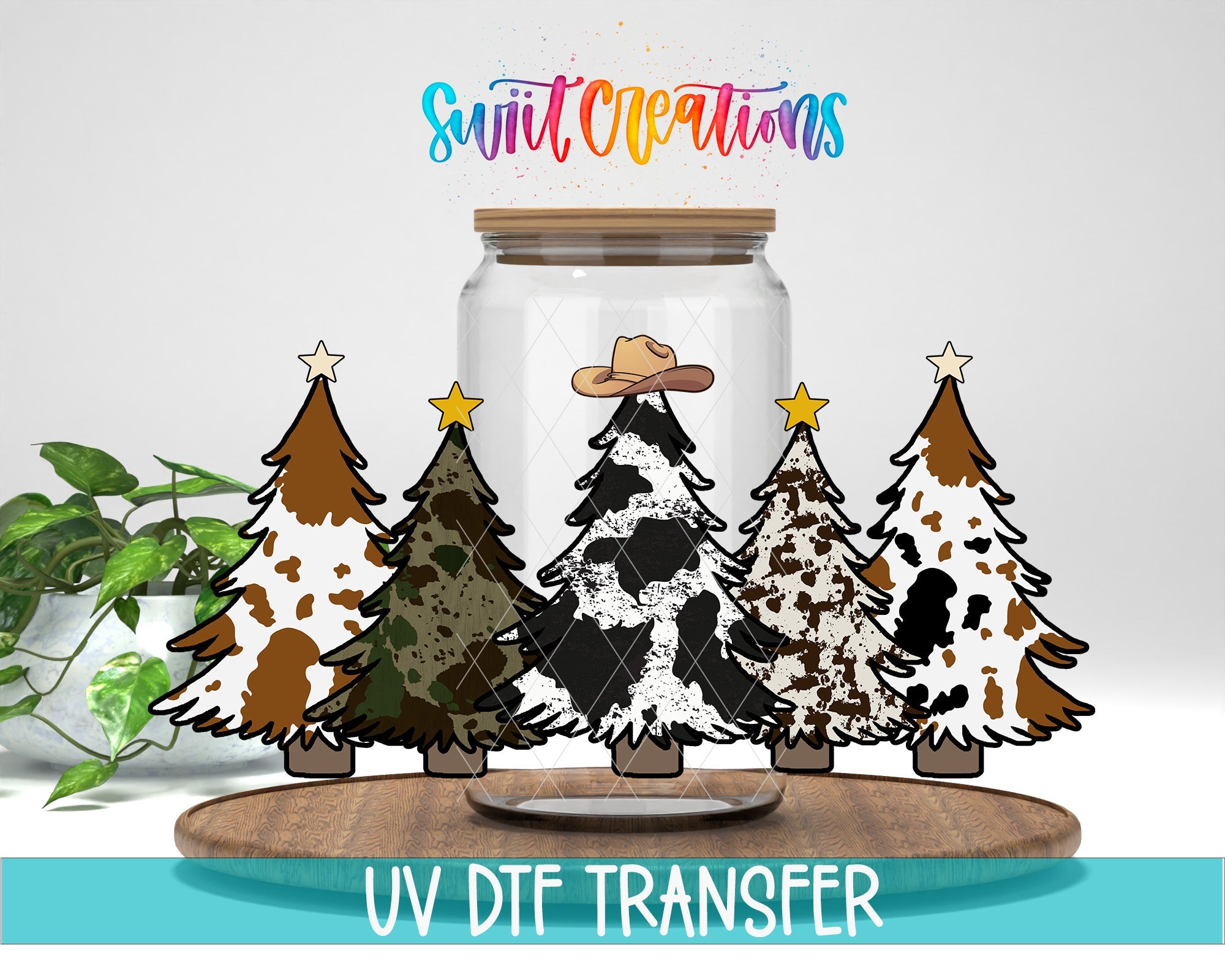 Cow Print Christmas Trees Western UV DTF Transfer Tumbler Wrap | DTF085 - Swiit Creations