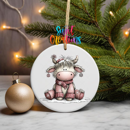 Cozy Christmas Highland Cow Ornament UV DTF Transfer | Pink Winter Cow with Santa Hat and Scarf | O-2158 - Swiit Creations