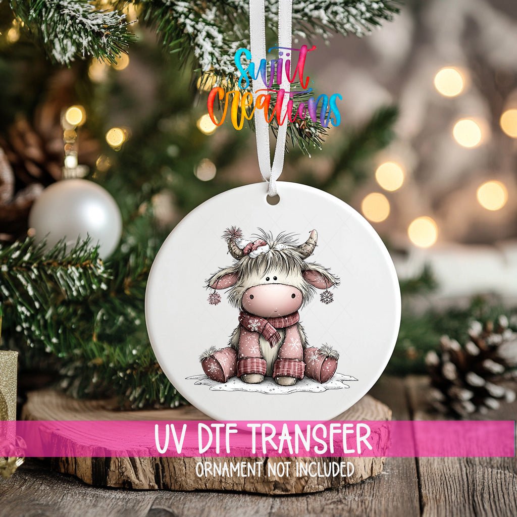 Cozy Christmas Highland Cow Ornament UV DTF Transfer | Pink Winter Cow with Santa Hat and Scarf | O-2158 - Swiit Creations