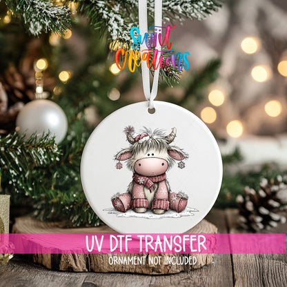 Cozy Christmas Highland Cow Ornament UV DTF Transfer | Pink Winter Cow with Santa Hat and Scarf | O-2158 - Swiit Creations