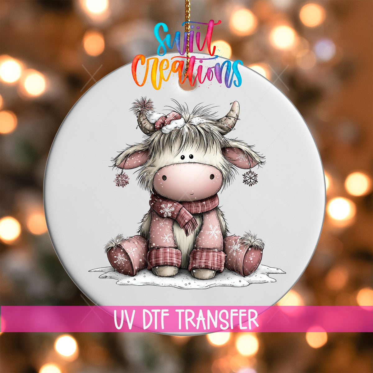 Cozy Christmas Highland Cow Ornament UV DTF Transfer | Pink Winter Cow with Santa Hat and Scarf | O-2158 - Swiit Creations