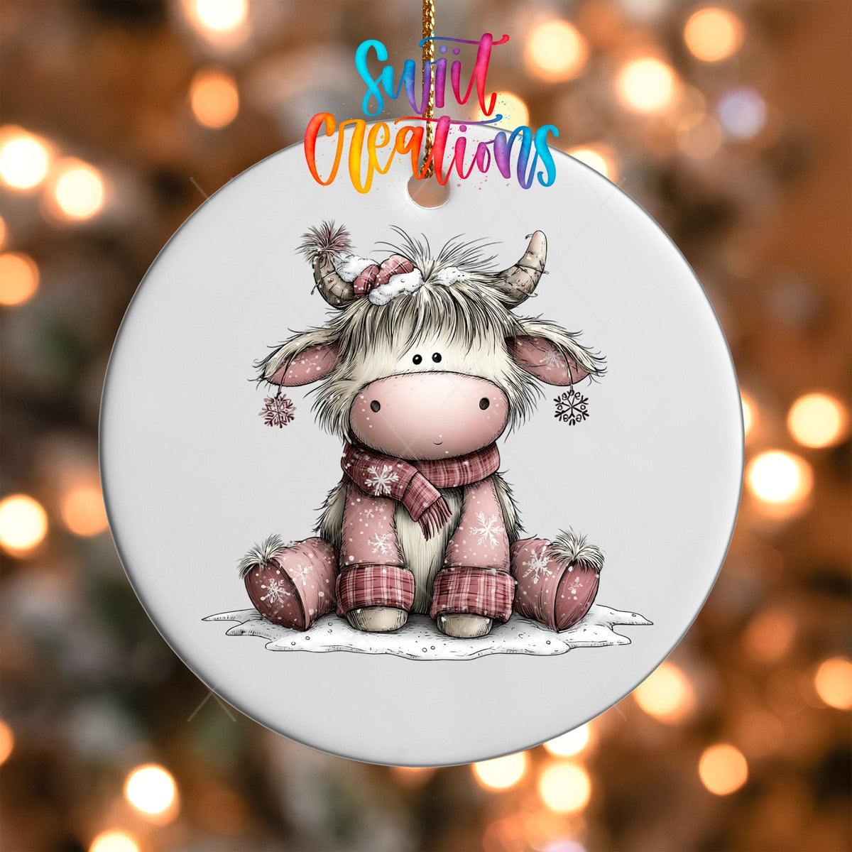 Cozy Christmas Highland Cow Ornament UV DTF Transfer | Pink Winter Cow with Santa Hat and Scarf | O-2158 - Swiit Creations