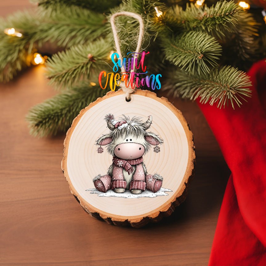 Cozy Christmas Highland Cow Ornament UV DTF Transfer | Pink Winter Cow with Santa Hat and Scarf | O-2158 - Swiit Creations