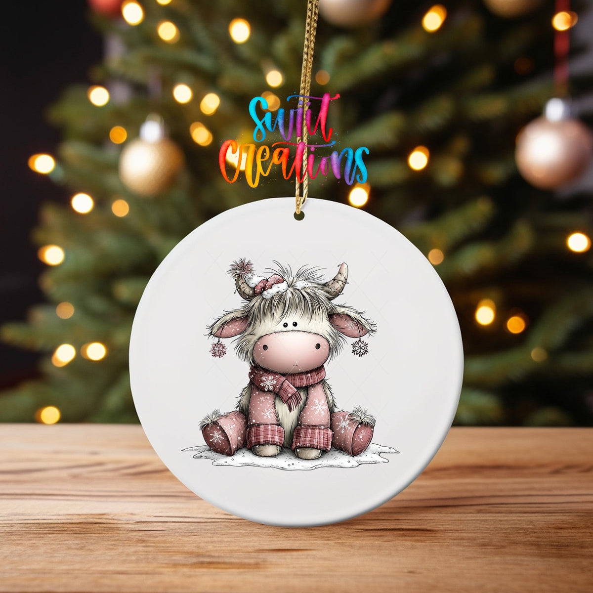 Cozy Christmas Highland Cow Ornament UV DTF Transfer | Pink Winter Cow with Santa Hat and Scarf | O-2158 - Swiit Creations