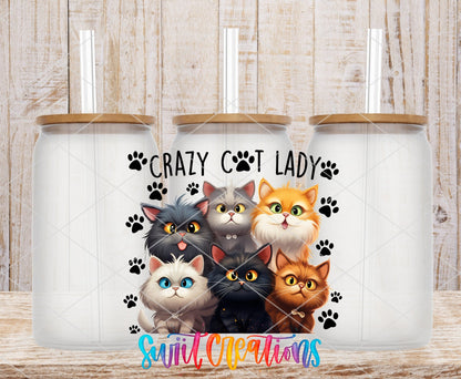 Crazy Cat Lady UV DTF transfer applied to a clear glass can set from Swiit Creations