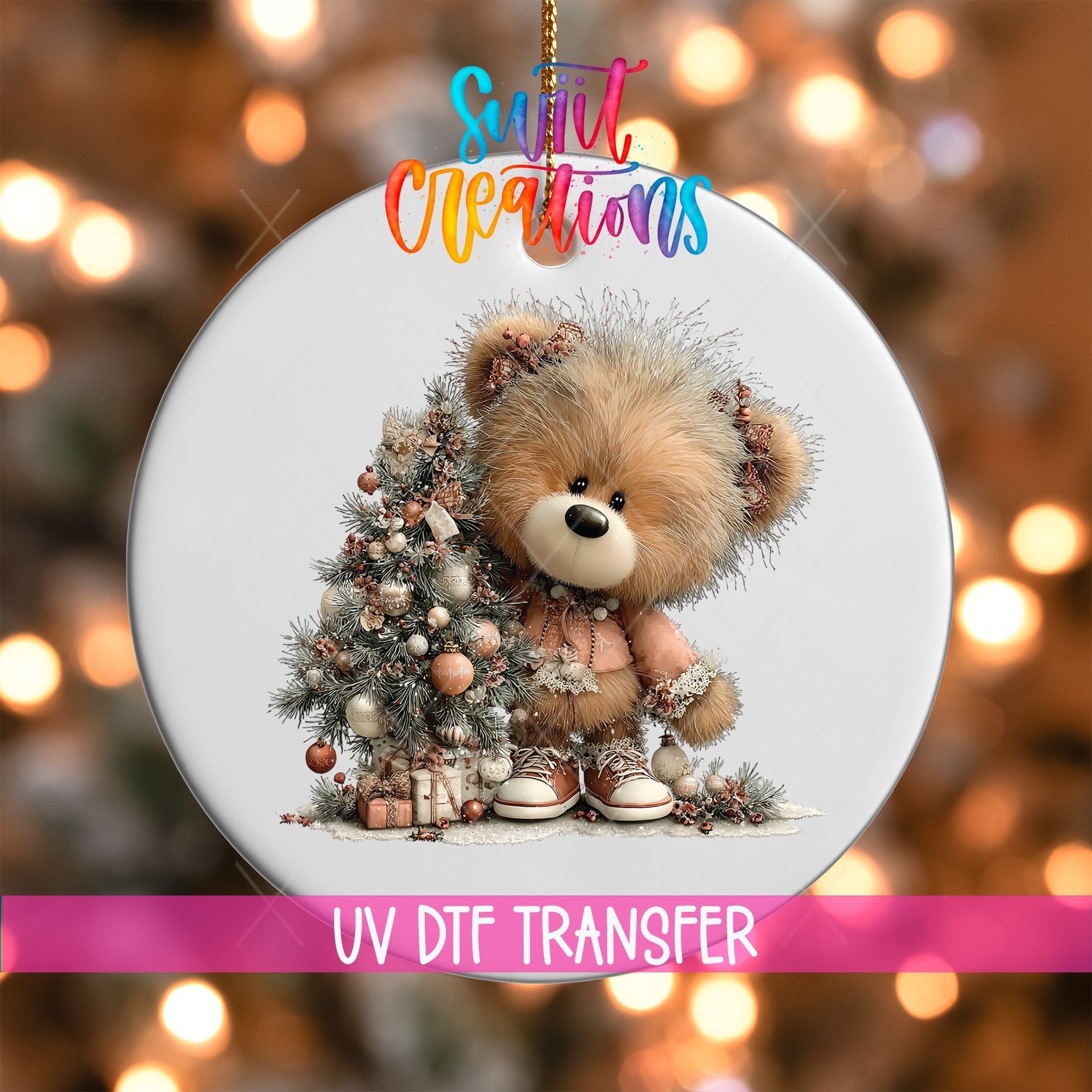 Cute Christmas Bear With Tree UV DTF Ornament Transfer | O-1974 - Swiit Creations