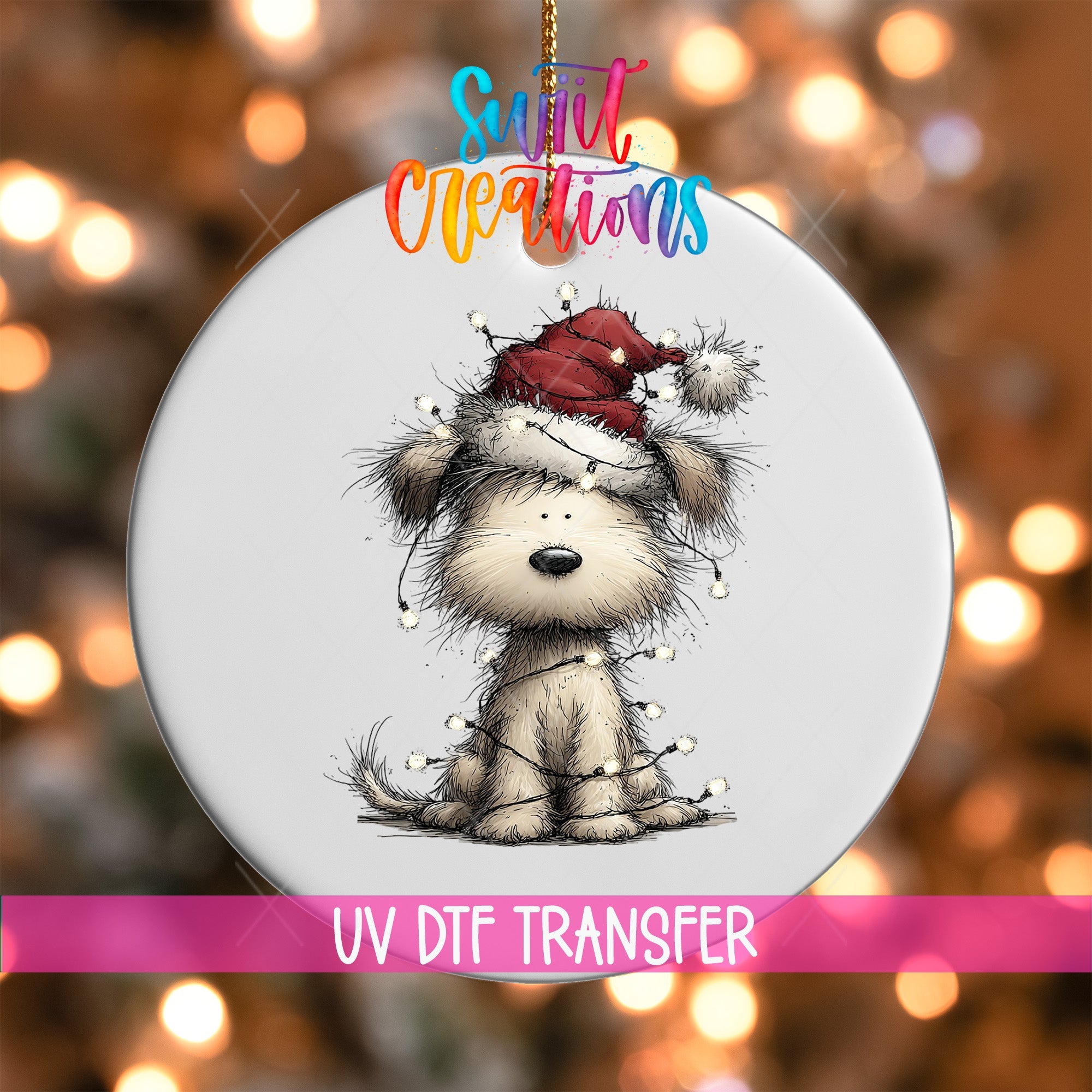 Cute Christmas Dog With Lights UV DTF Ornament Transfer | O-1975 - Swiit Creations