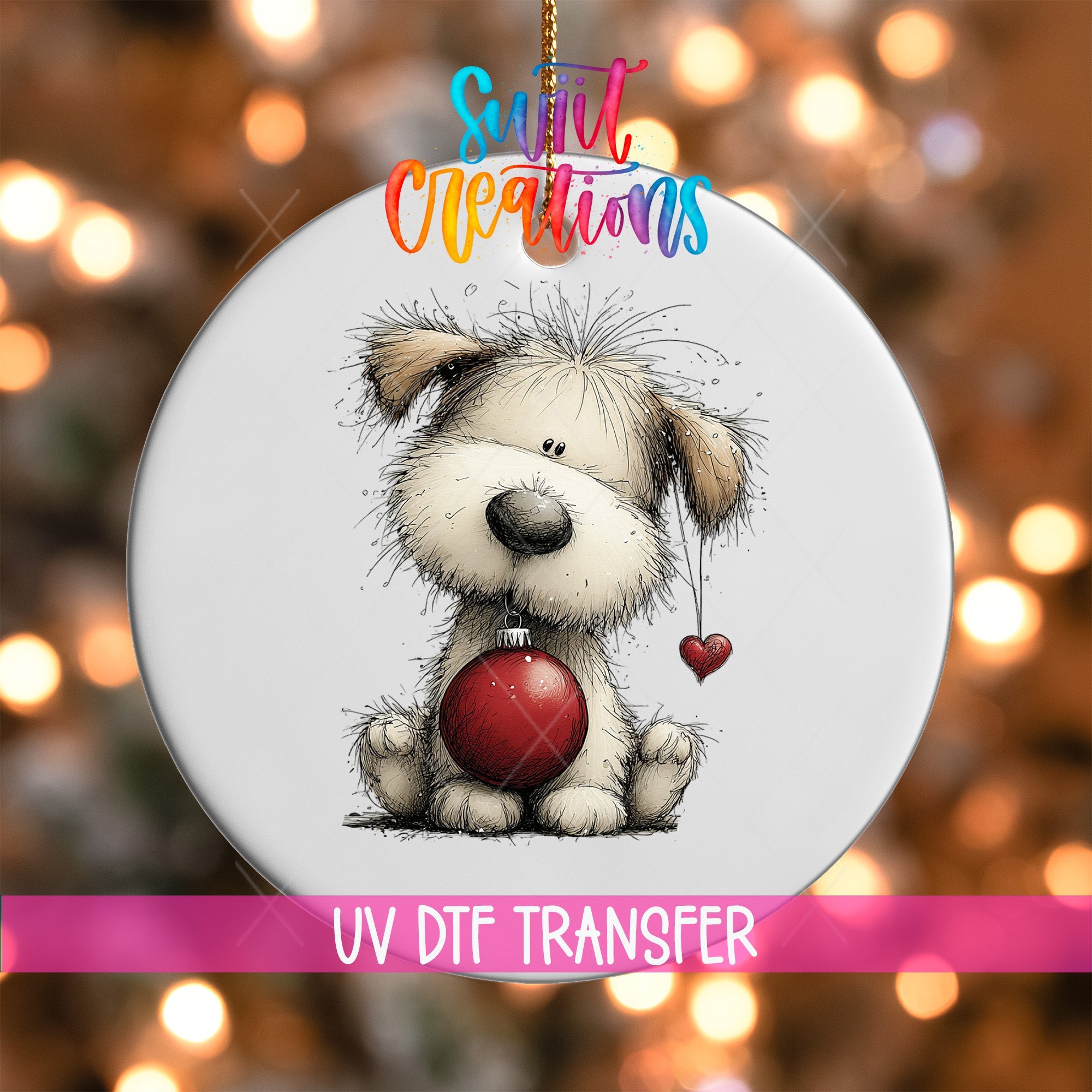 Cute Christmas Dog With Red Ornament UV DTF Ornament Transfer | O-1969 - Swiit Creations