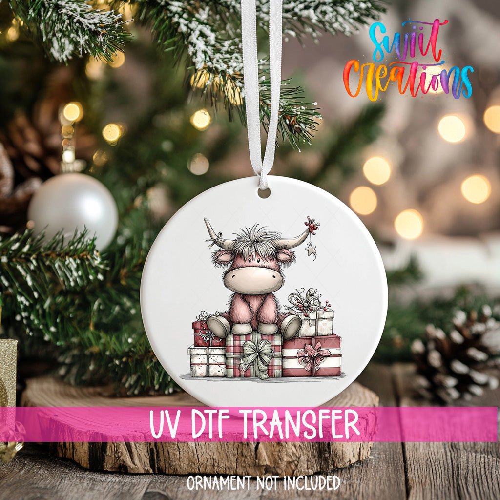 Cute Christmas Highland Cow With Gifts UV DTF Ornament Transfer | O-1970 - Swiit Creations