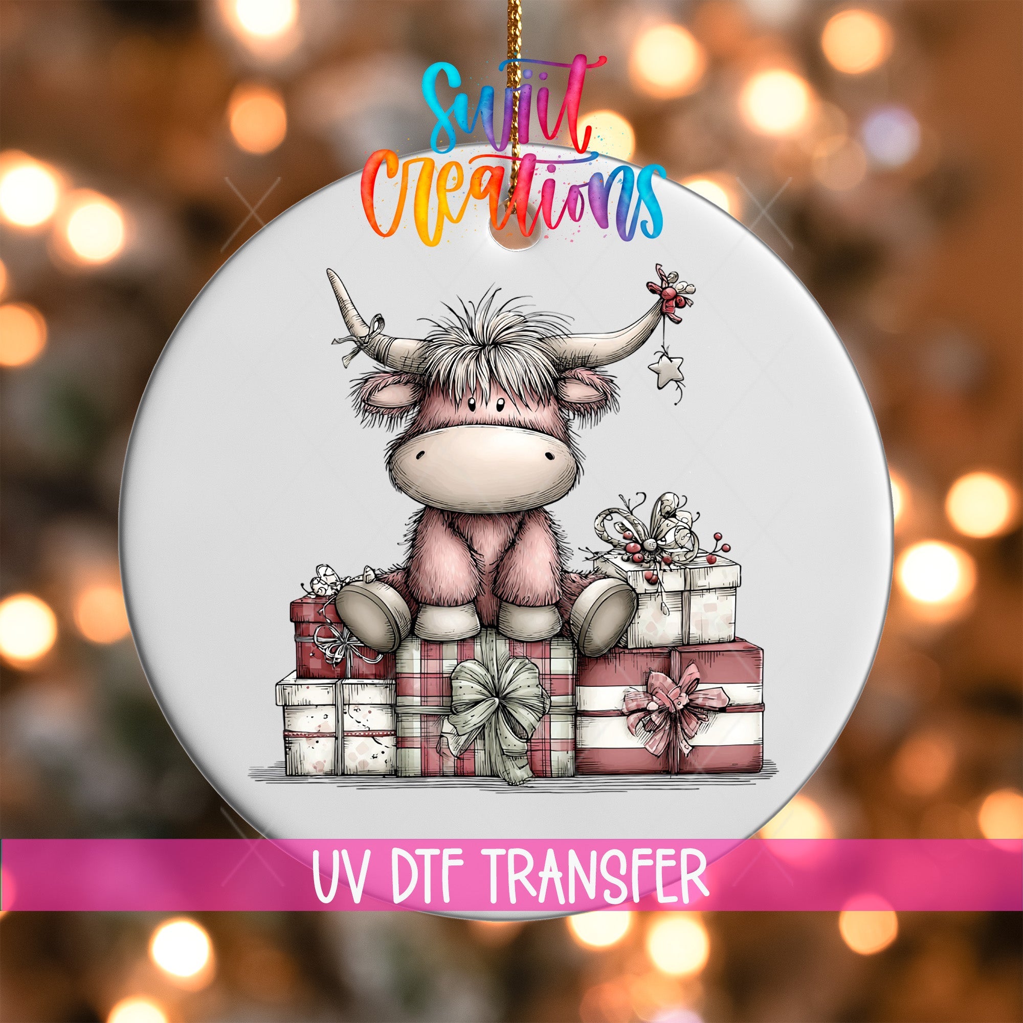 Cute Christmas Highland Cow With Gifts UV DTF Ornament Transfer | O-1970 - Swiit Creations