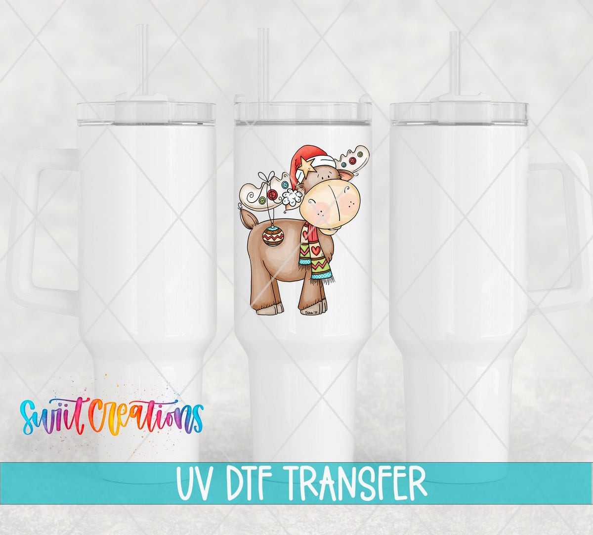 Three white tumblers featuring the Cute Christmas Moose UV DTF transfer by Swiit Creations