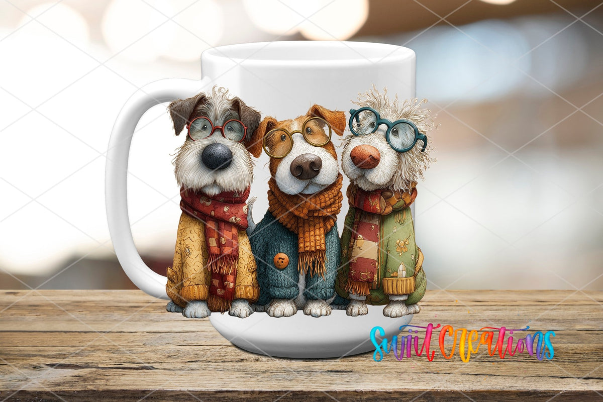Cute Dogs UV DTF transfer displayed on a white ceramic mug from Swiit Creations