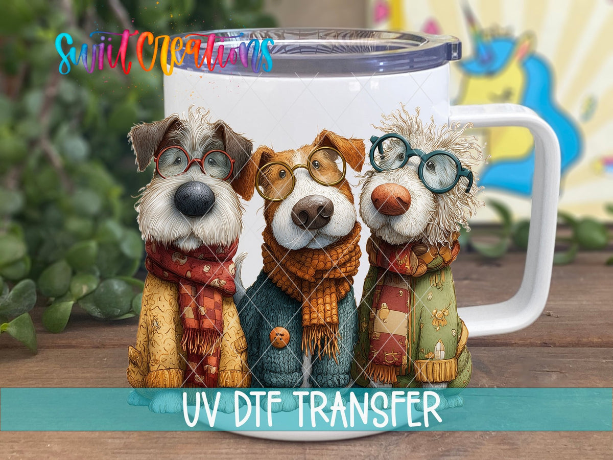 Cute Dogs UV DTF transfer displayed on a white coffee mug from Swiit Creations