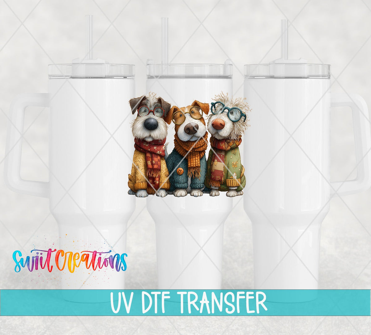 Cute Dogs UV DTF transfer applied to a white tumbler set from Swiit Creations