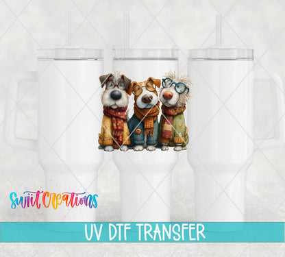 Cute Dogs UV DTF transfer applied to a white tumbler set from Swiit Creations