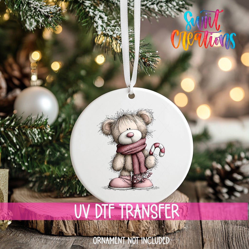 Cute Pink Bear With Candy Cane Christmas UV DTF Ornament Transfer | O-1950 - Swiit Creations