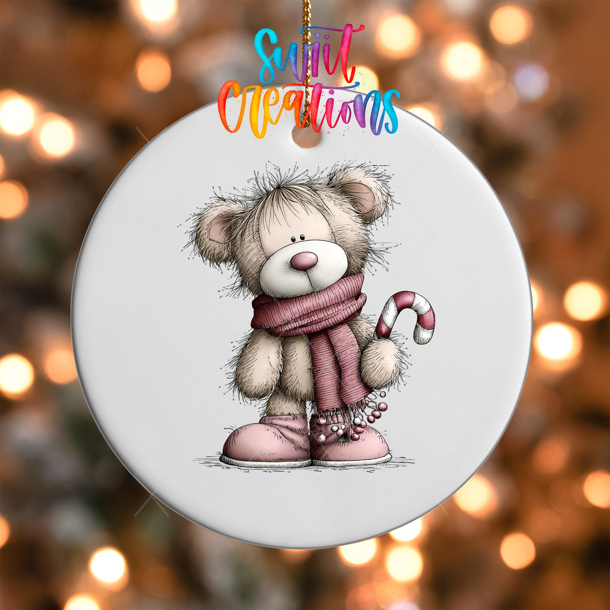 Cute Pink Bear With Candy Cane Christmas UV DTF Ornament Transfer | O-1950 - Swiit Creations