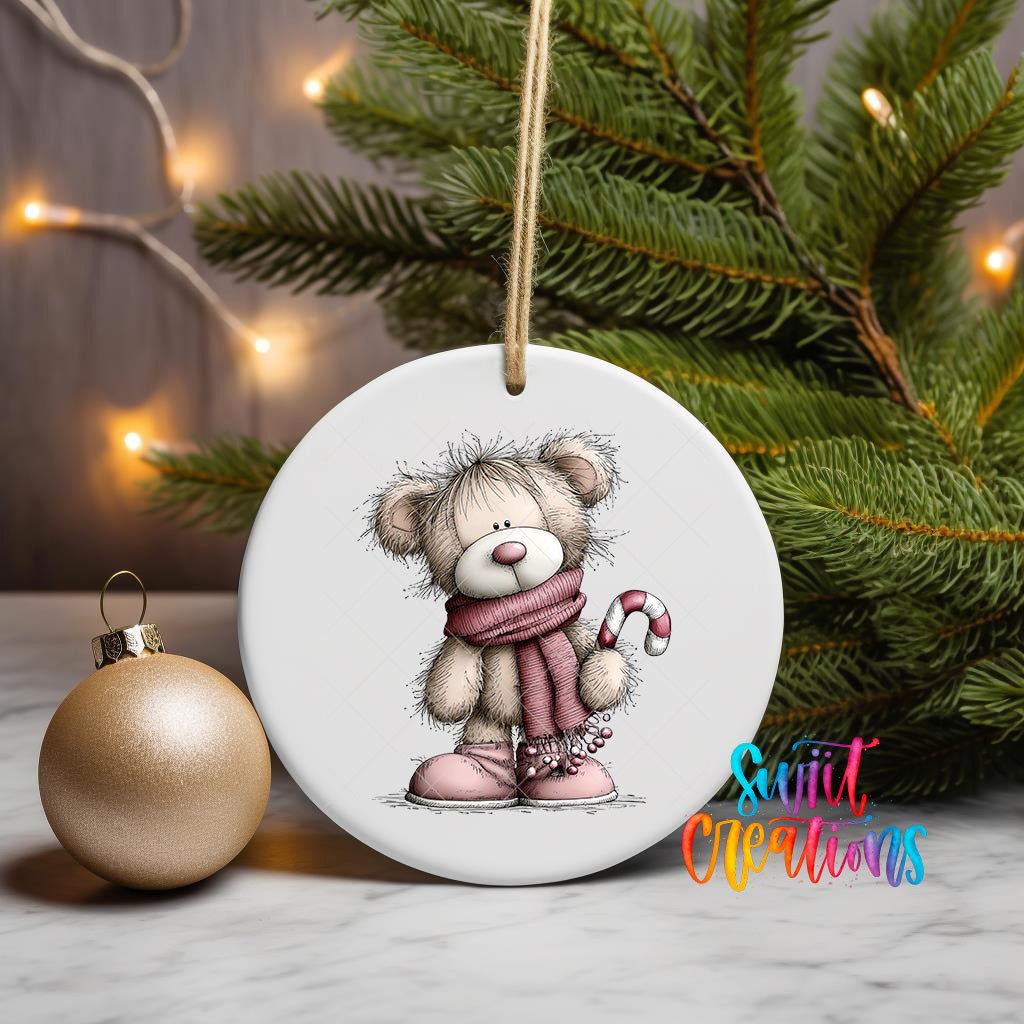 Cute Pink Bear With Candy Cane Christmas UV DTF Ornament Transfer | O-1950 - Swiit Creations