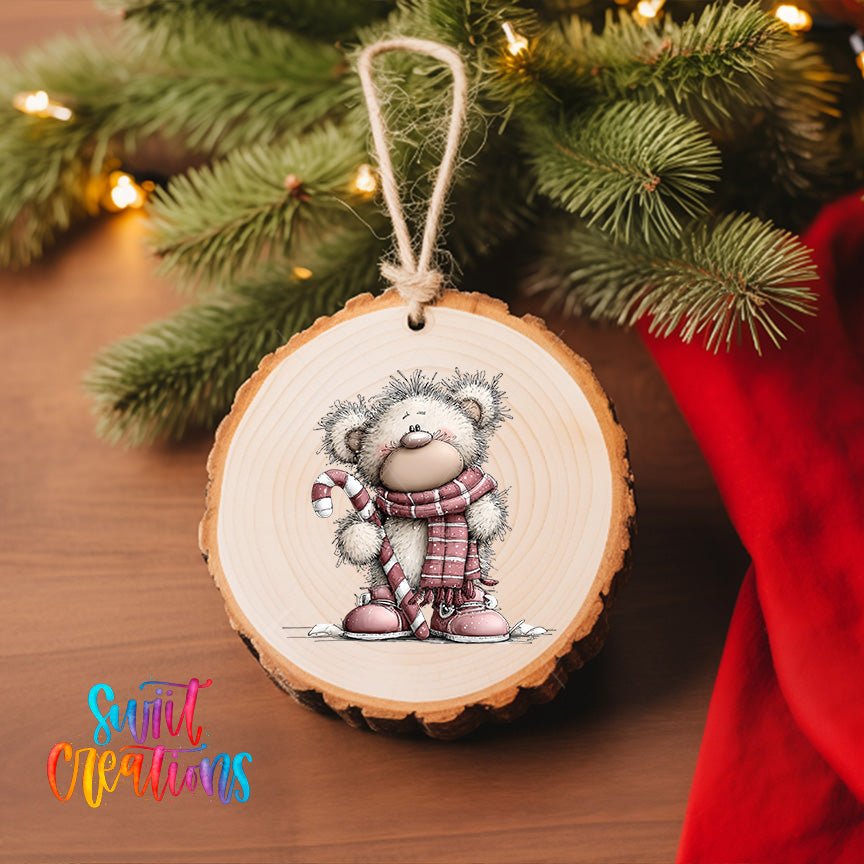Cute Pink Bear With Candy Cane UV DTF Ornament Transfer | O-1952 - Swiit Creations