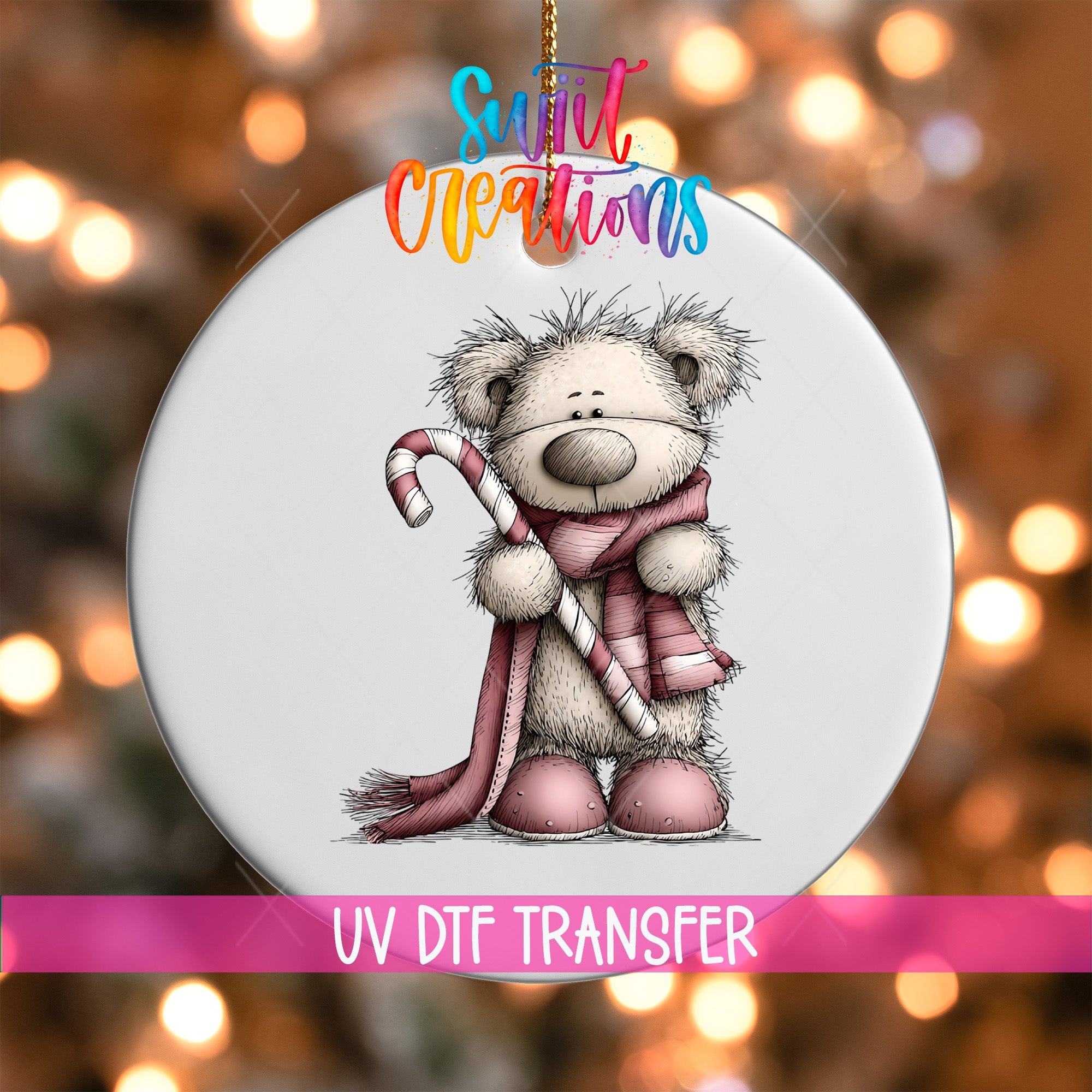 Cute Pink Bear With Candy Cane UV DTF Ornament Transfer | O-1957 - Swiit Creations