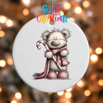 Cute Pink Bear With Candy Cane UV DTF Ornament Transfer | O-1957 - Swiit Creations