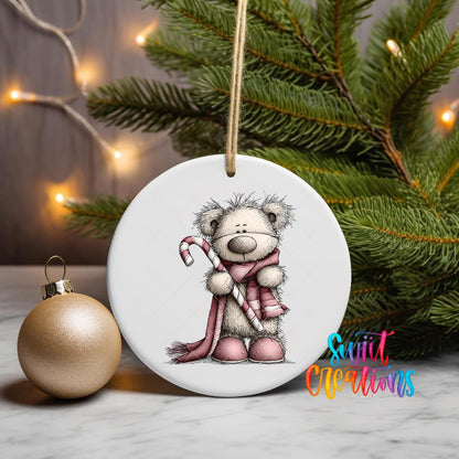 Cute Pink Bear With Candy Cane UV DTF Ornament Transfer | O-1957 - Swiit Creations