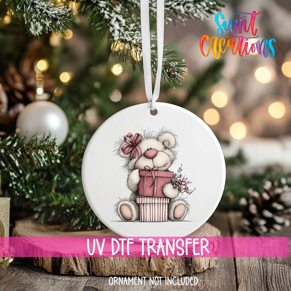 Cute Pink Bear With Gift Christmas UV DTF Ornament Transfer | O-1954 - Swiit Creations