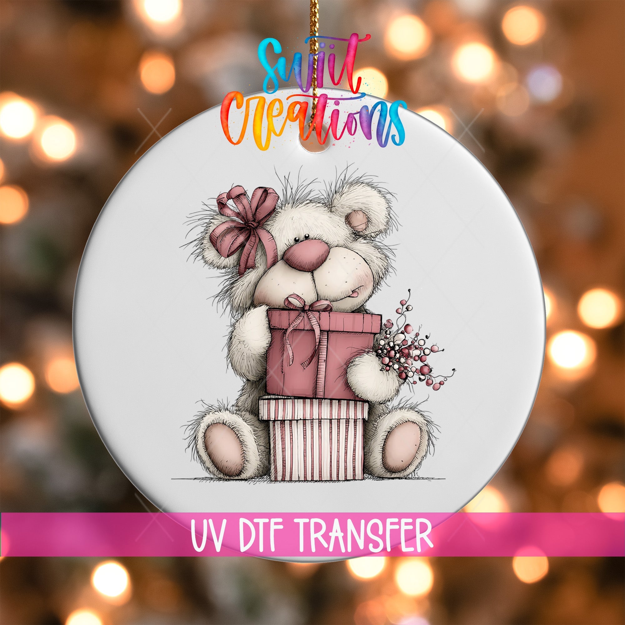 Cute Pink Bear With Gift Christmas UV DTF Ornament Transfer | O-1954 - Swiit Creations