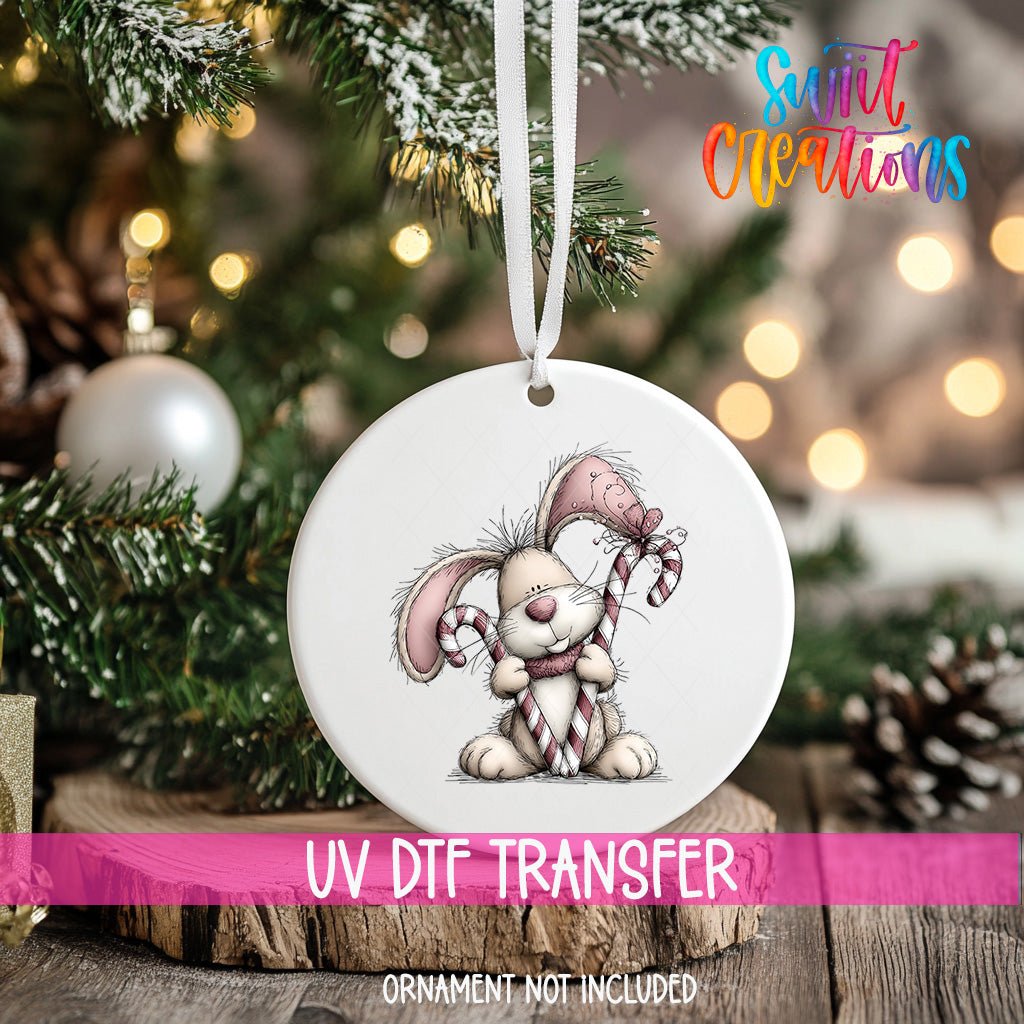 Cute Pink Bunny With Candy Cane UV DTF Ornament Transfer | O-1947 - Swiit Creations