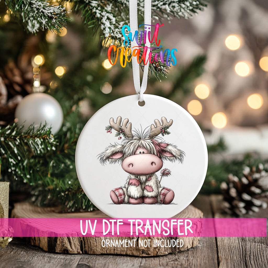 Cute Pink Christmas Highland Cow Ornament UV DTF Transfer | Reindeer Antlers with Holly Berries and Plaid Accents | O-2157 - Swiit Creations