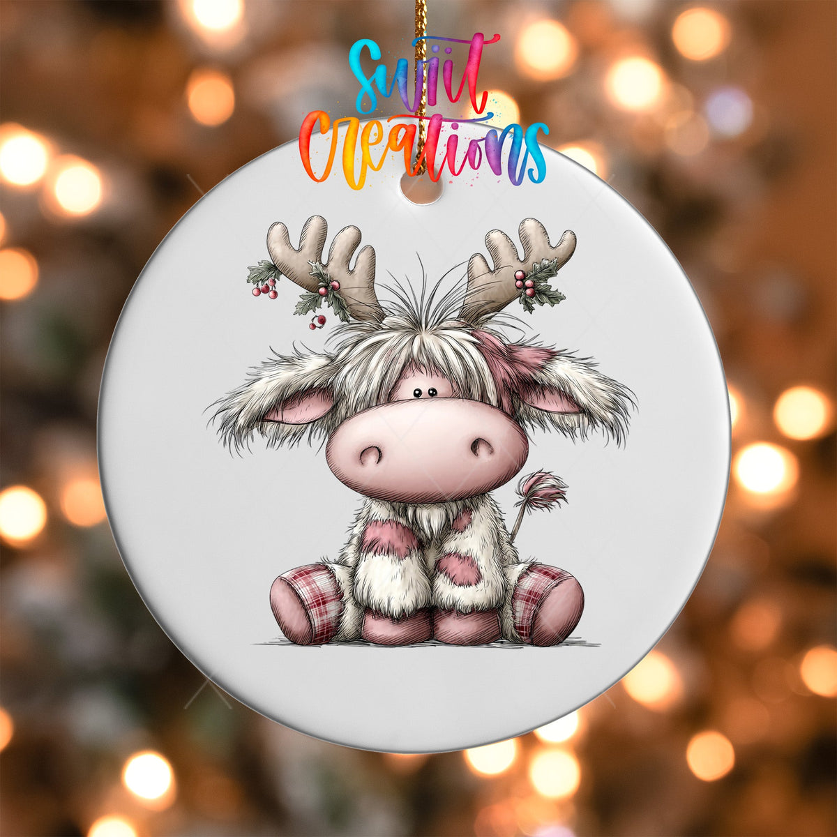 Cute Pink Christmas Highland Cow Ornament UV DTF Transfer | Reindeer Antlers with Holly Berries and Plaid Accents | O-2157 - Swiit Creations