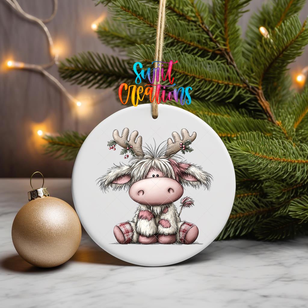 Cute Pink Christmas Highland Cow Ornament UV DTF Transfer | Reindeer Antlers with Holly Berries and Plaid Accents | O-2157 - Swiit Creations