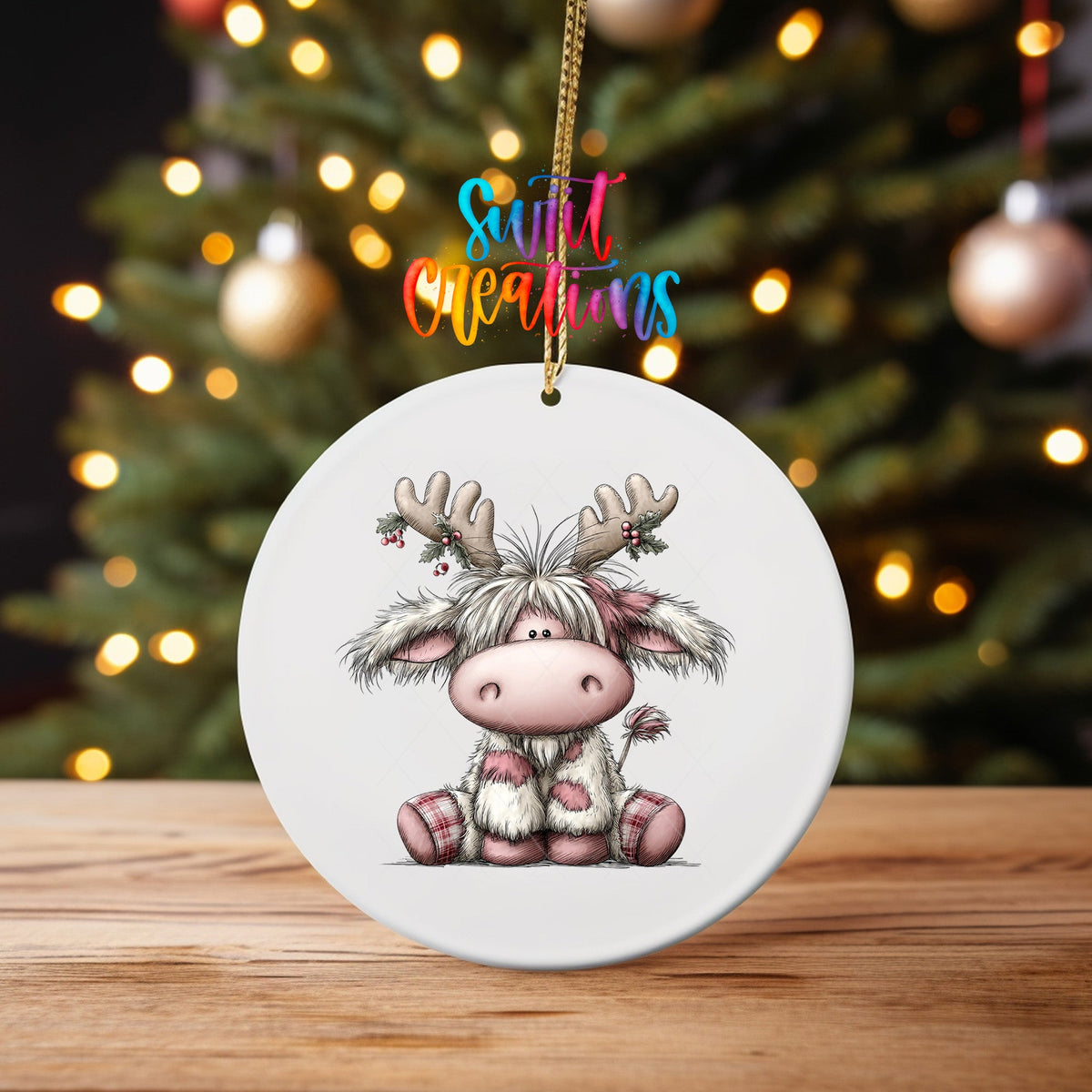 Cute Pink Christmas Highland Cow Ornament UV DTF Transfer | Reindeer Antlers with Holly Berries and Plaid Accents | O-2157 - Swiit Creations