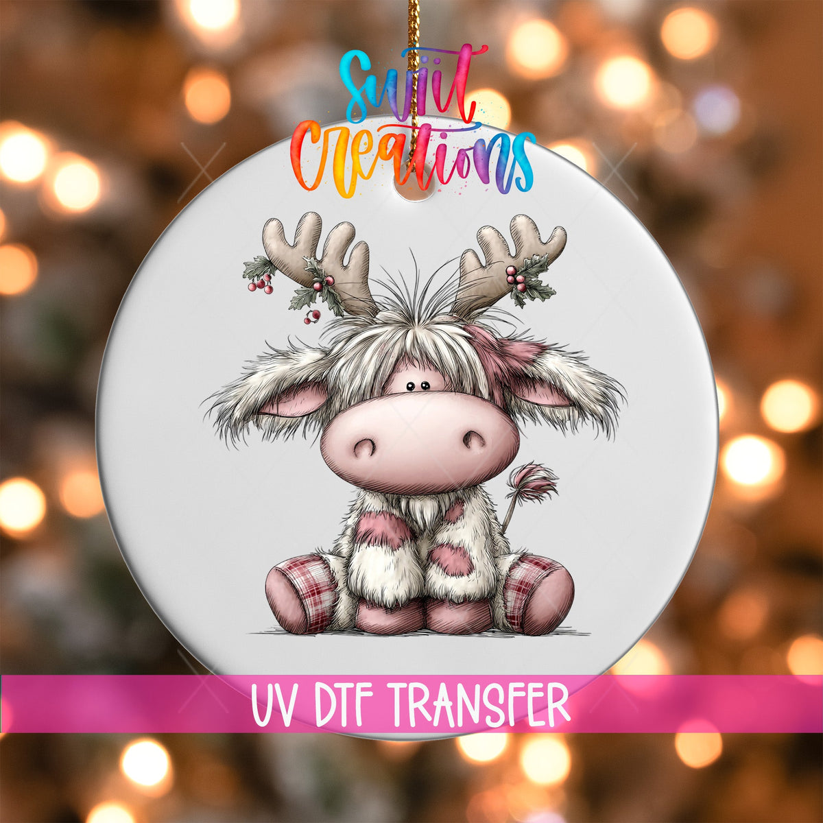 Cute Pink Christmas Highland Cow Ornament UV DTF Transfer | Reindeer Antlers with Holly Berries and Plaid Accents | O-2157 - Swiit Creations
