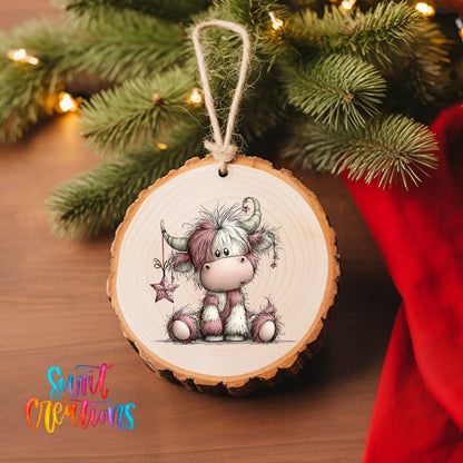 Cute Pink Christmas Highland Cow UV DTF Ornament Transfer | O-1971 - Swiit Creations