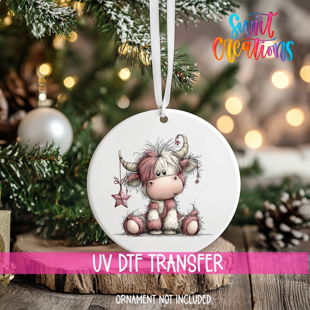 Cute Pink Christmas Highland Cow UV DTF Ornament Transfer | O-1971 - Swiit Creations