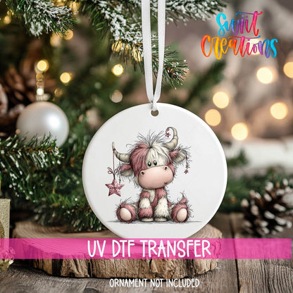 Cute Pink Christmas Highland Cow UV DTF Ornament Transfer | O-1971 - Swiit Creations