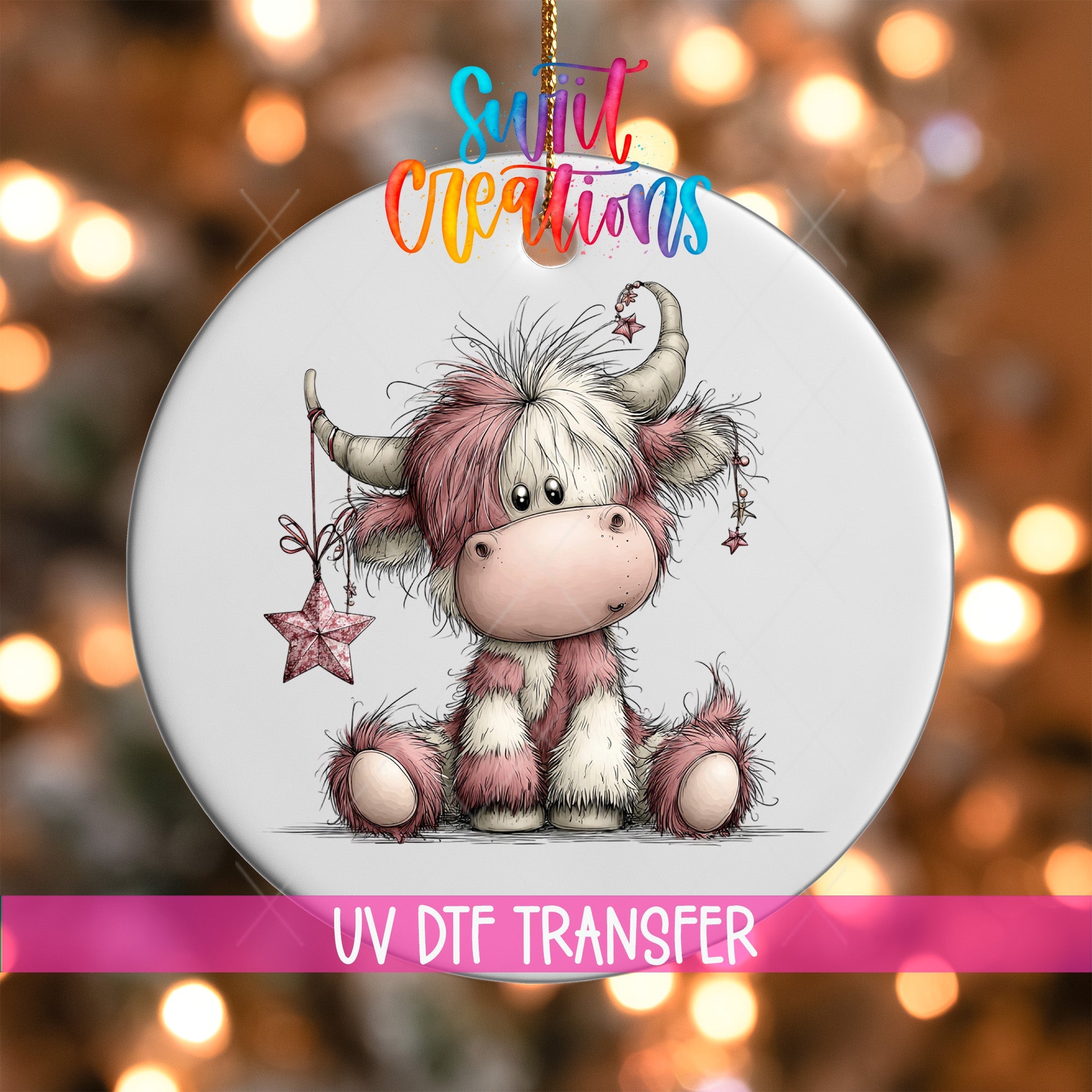Cute Pink Christmas Highland Cow UV DTF Ornament Transfer | O-1971 - Swiit Creations