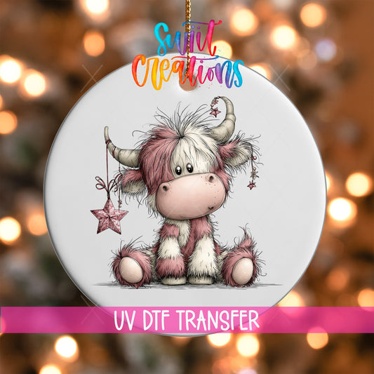 Cute Pink Christmas Highland Cow UV DTF Ornament Transfer | O-1971 - Swiit Creations