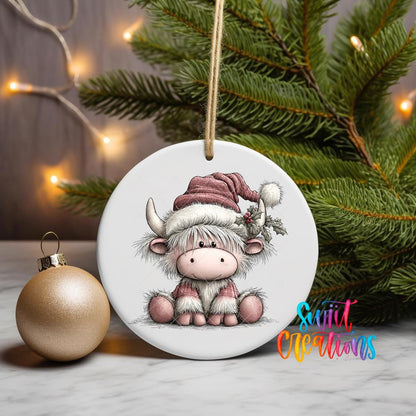Cute Pink Christmas Highland Cow UV DTF Ornament Transfer | O-1976 - Swiit Creations