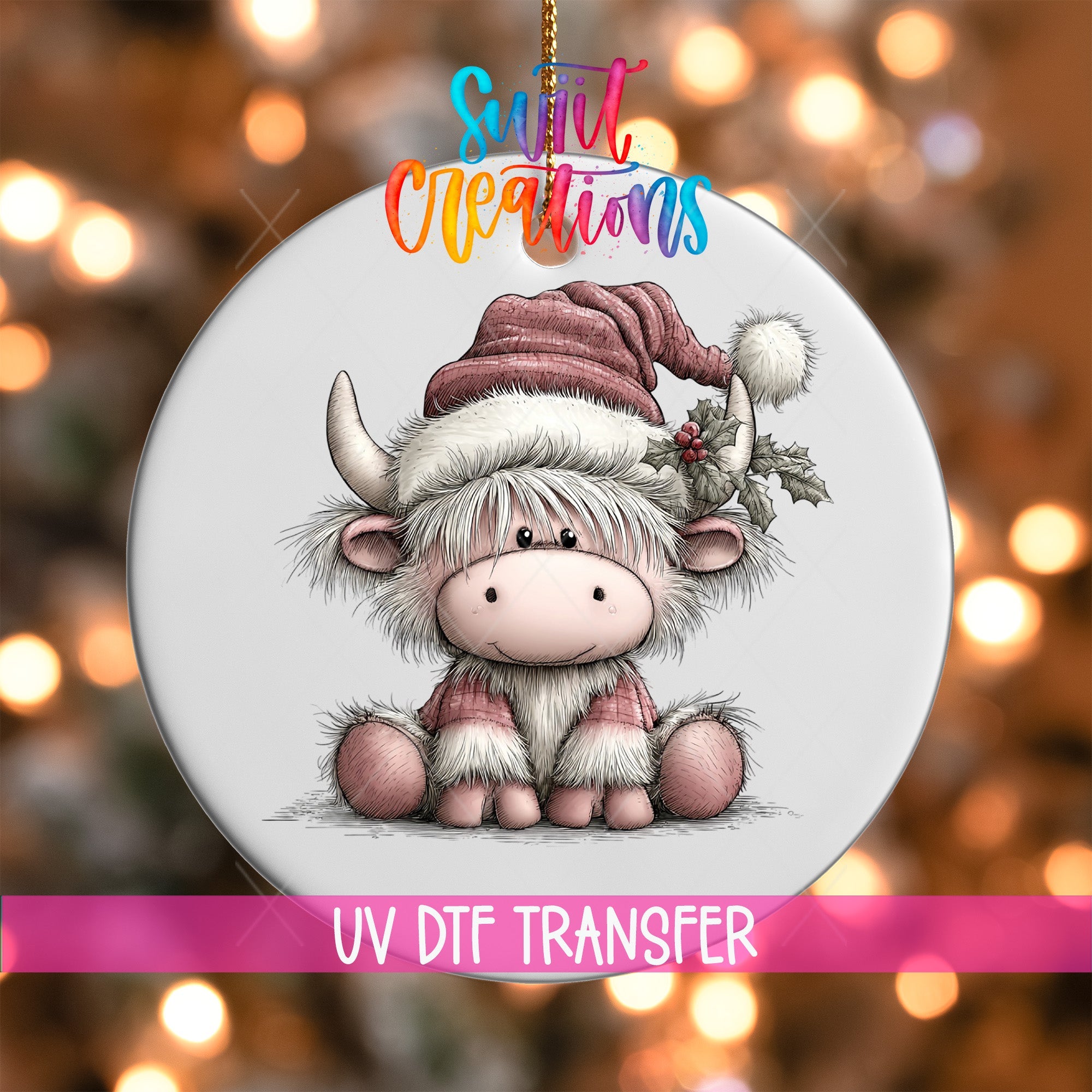 Cute Pink Christmas Highland Cow UV DTF Ornament Transfer | O-1976 - Swiit Creations