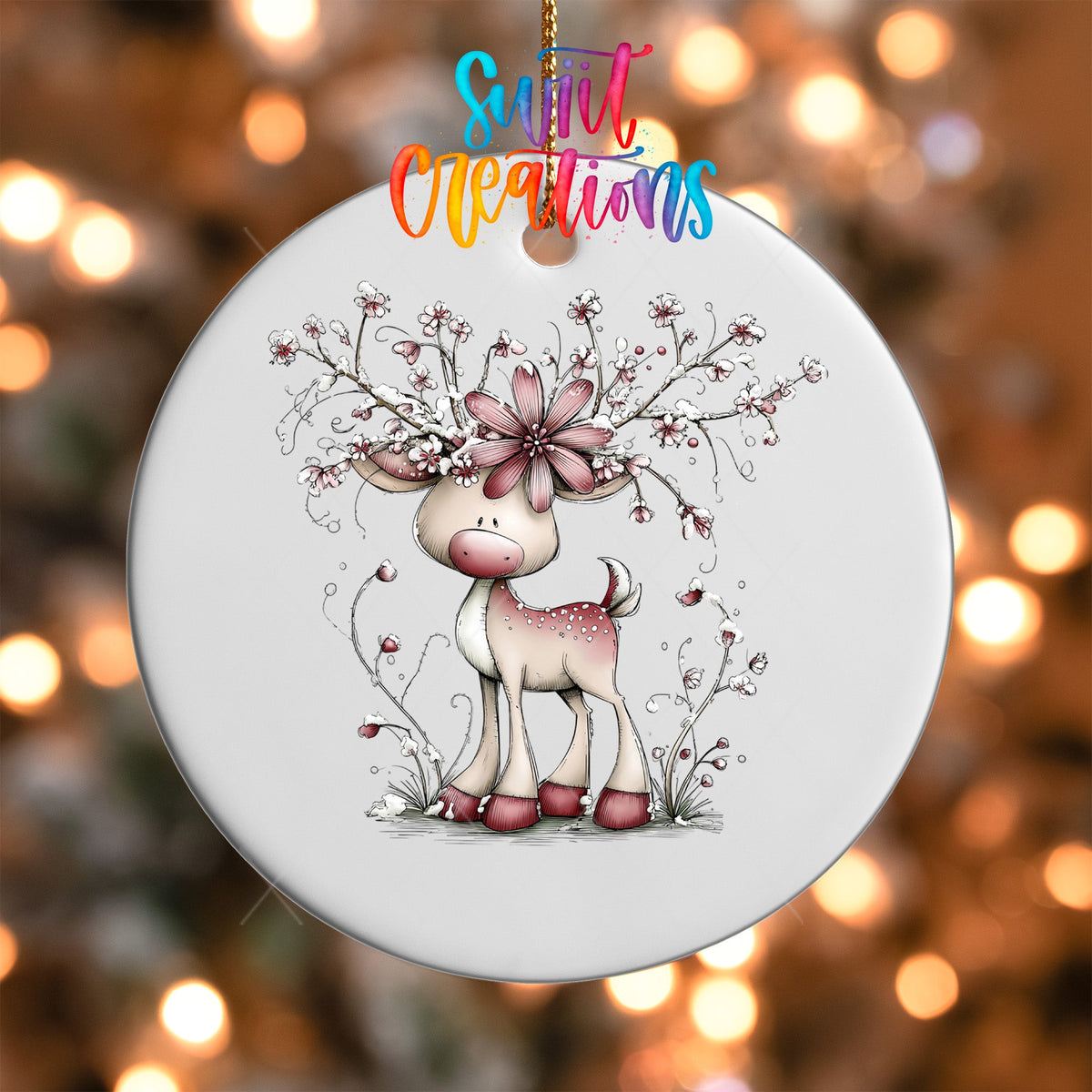 Cute Pink Deer With Floral Antlers UV DTF Ornament Transfer | O-1944 - Swiit Creations