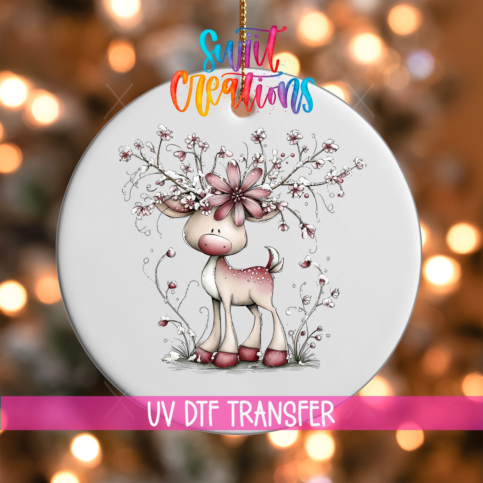 Cute Pink Deer With Floral Antlers UV DTF Ornament Transfer | O-1944 - Swiit Creations