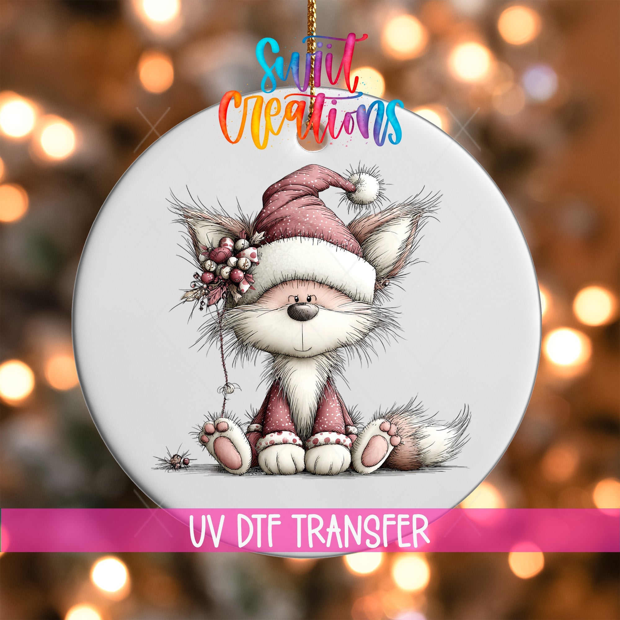 Cute Pink Fox In Santa Hat UV DTF Ornament Transfer | O-1941 - Swiit Creations