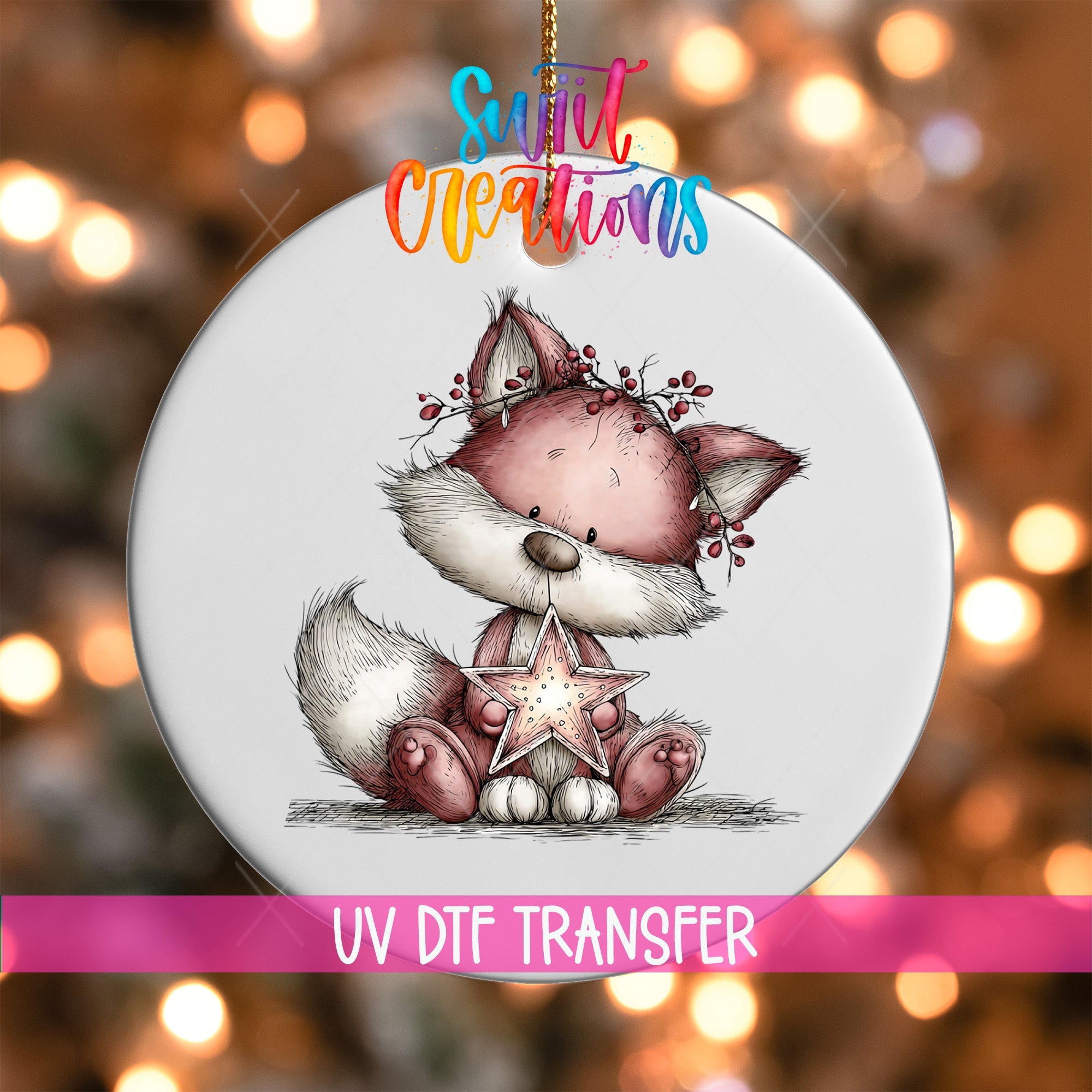 Cute Pink Fox With Star UV DTF Ornament Transfer | O-1939 - Swiit Creations